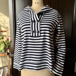 Striped Cowl Neck Sweater Hoodie - Navy & White